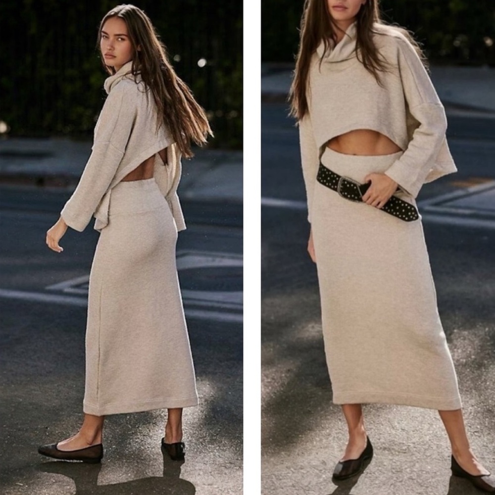 FREE PEOPLE X FREE-EST Oatmeal Milly Cowl Neck Sweater and Skirt 2 PC SET NWT XS - Picture 2 of 6
